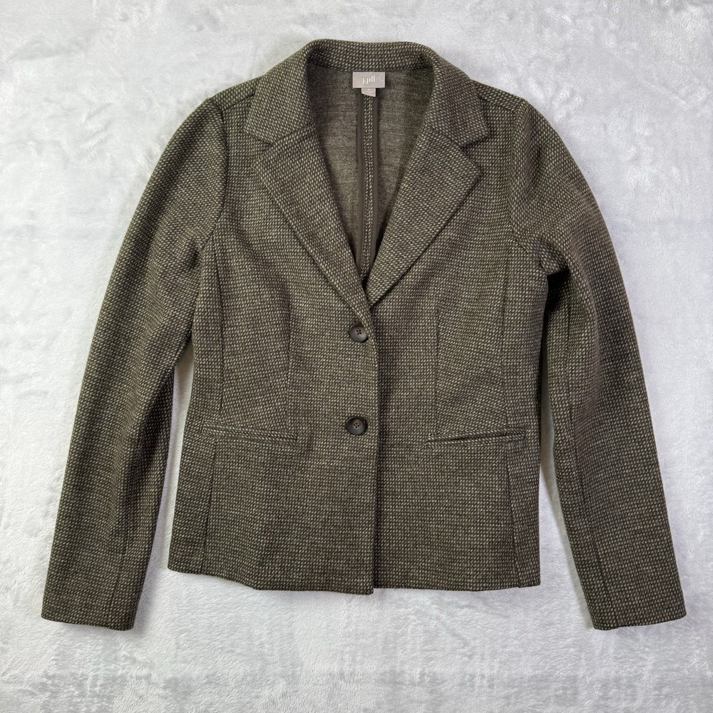 J Jill Wool Blend Blazer Two Button Size Small Brown Knit Jacket Office Tweed